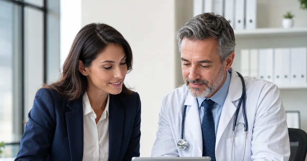 A practice manager and advisor comparing medical billing companies over documents