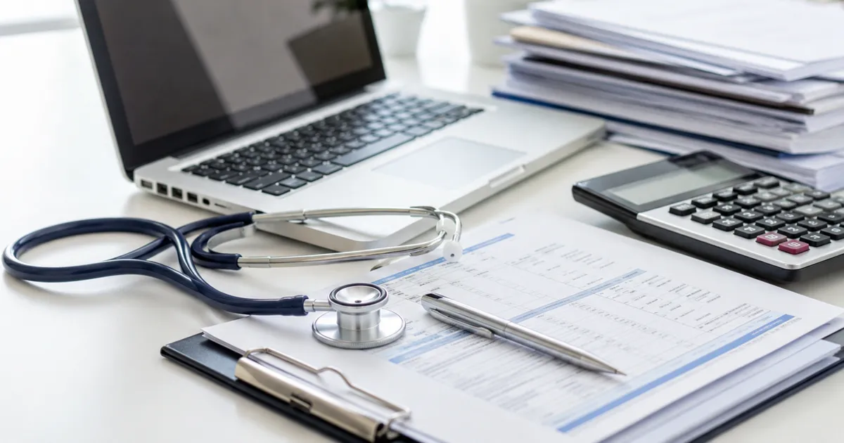 A family practice revenue self-audit desk with a laptop, calculator, and billing paperwork