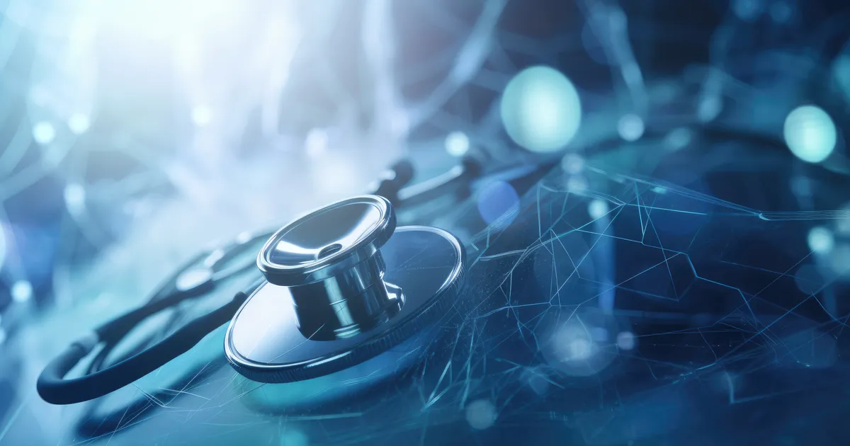 A stethoscope over a digital data network, representing radiology billing and diagnostics