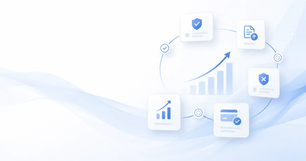 Conceptual illustration of a revenue cycle management workflow, with icons for claims, payments, and revenue growth arranged in a loop